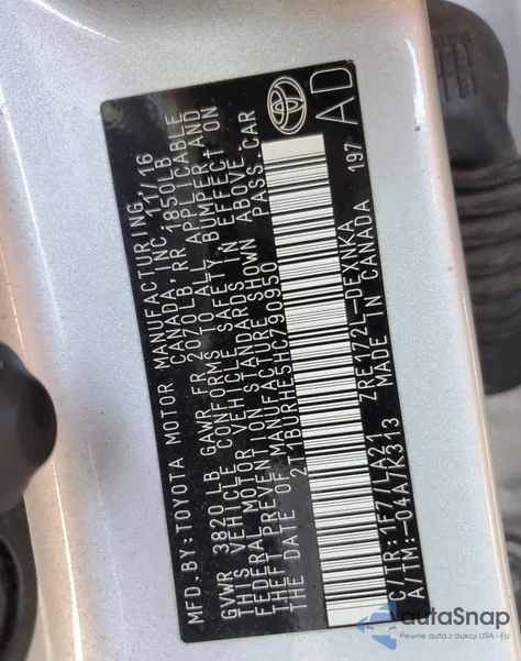 2017 Toyota Corolla L из США, поврежденный, VIN 2T1BURHE5HC790950